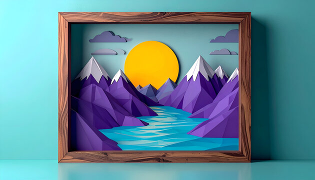 Papercraft Mountain Landscape with Sun and River.