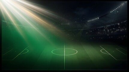 Obraz premium Football stadium field with glowing green lines and light streaks in night match atmosphere
