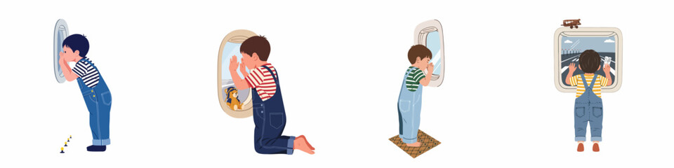 Set of vector illustrations featuring young boys in overalls looking out of airplane windows, capturing the excitement of air travel for children. © Slamet