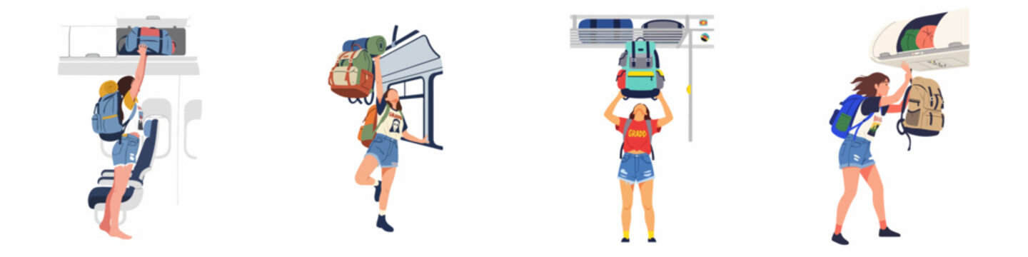 Set of flat vector illustrations featuring a young woman traveler lifting heavy backpacks and luggage into overhead storage bins on airplanes and trains.