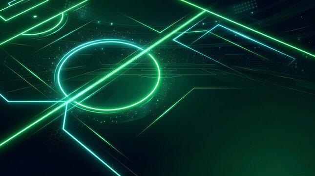 Football stadium neon background with glowing green lines and futuristic circuit effects
