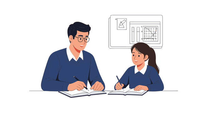 Vector illustration of a math tutoring session featuring a tutor and student working on equations and geometry with a cup of tea on a wooden desk in a cozy indoor setting.