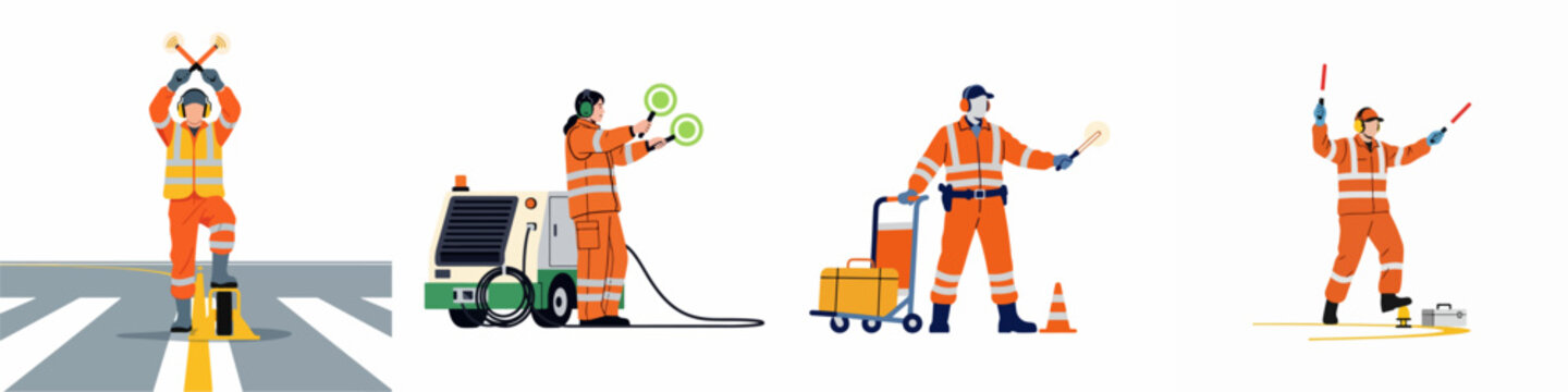 Set of Airport Ground Crew Members in High-Visibility Uniforms Performing Various Ramp Operations and Aircraft Signaling Tasks