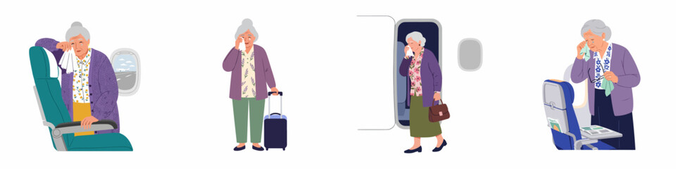 Set of illustrations depicting a sad senior woman crying while traveling by airplane, conveying themes of grief, farewell, and emotional departure. © Slamet