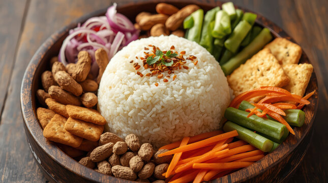 Steamed rice platter with peanuts, crackers, chopped vegetables and herbs, cozy food vibe