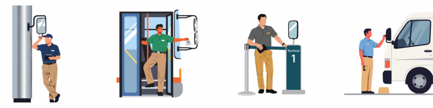 Illustration of transportation professionals in various roles including bus driver, delivery worker, and airport staff at a terminal gate.
