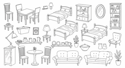Obraz premium Hand-drawn doodle icons of home furniture and interior decor elements including sofa armchair table lamps plants and rugs in a simple line art style on a white background.