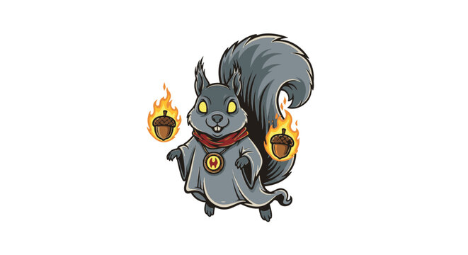 Spectral ghost squirrel trickster character illustration with glowing blue body and bushy tail, isolated on white background, high detail vector graphic for design projects.