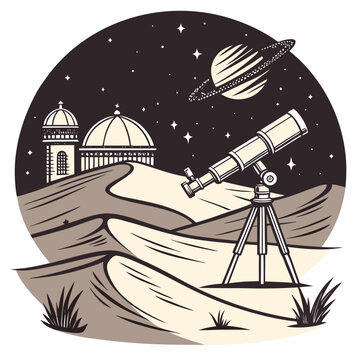 Desert observatory and telescope under starry night sky with saturn illustration
