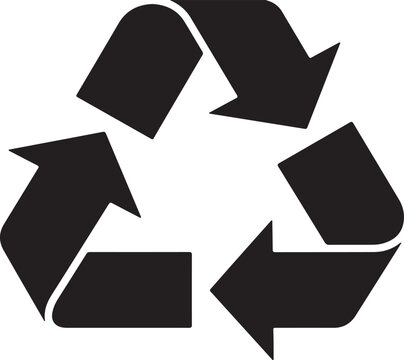 A clean, geometric flat design of a black recycling symbol with three arrows in a triangular loop, isolated on a white background.