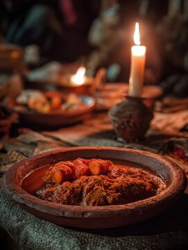 Traditional Ethiopian Gurage Kitfo Feast on Clay Plate by Candlelight
