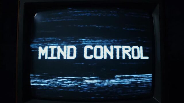 A vintage crt television screen displays 'mind control' in pixelated white monospace font on a deep blue-black background, with intense light rays, scanlines, noise, glitches, and flickering, evoking