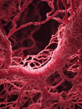 Cancer tumor illustrating angiogenesis with blood vessel growth in dark red hues