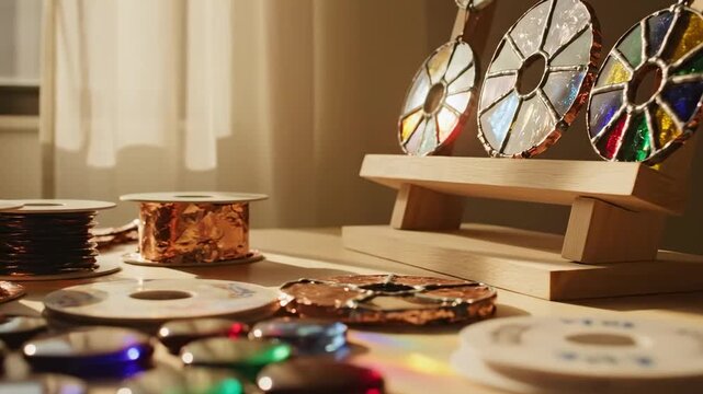 Sunlit craft maker studio workbench with stained glass circles, copper foil rolls, colorful glass pieces, wooden display stand, warm curtain glow, handmade suncatcher workshop atmosphere and shineSunl