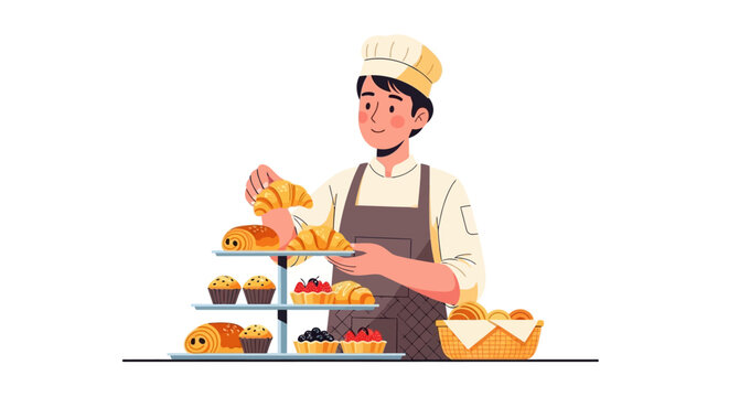 Baker arranging delicious pastries on a tiered stand.