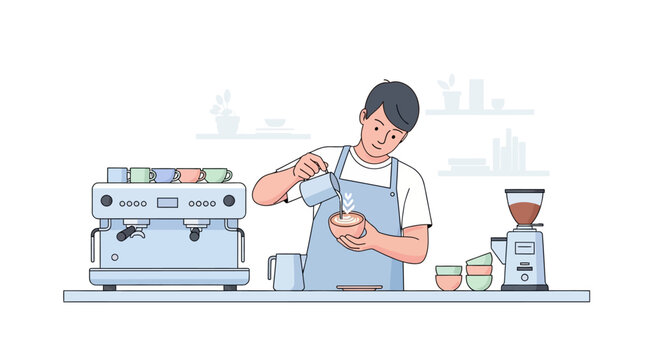 Barista making latte art with coffee machine and grinder.