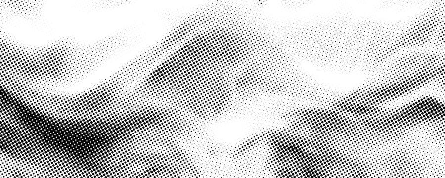 Abstract horizontal halftone monochrome background with dots of different size accumulated in left bottom angle