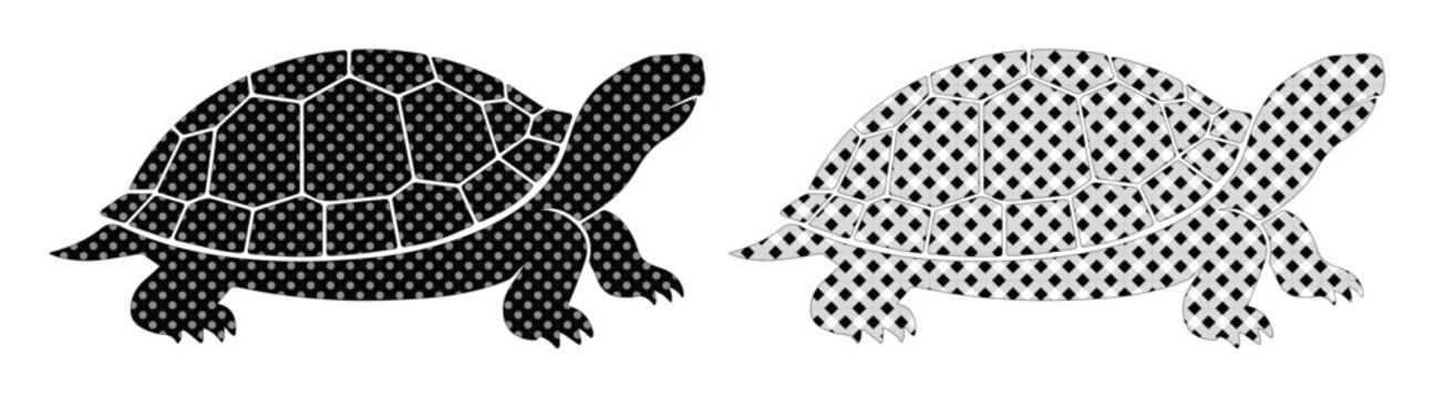 Turtle silhouette vector set, black tortoise icons with halftone dot pattern, 2 reptile graphic elements for nature conservation and wildlife design
