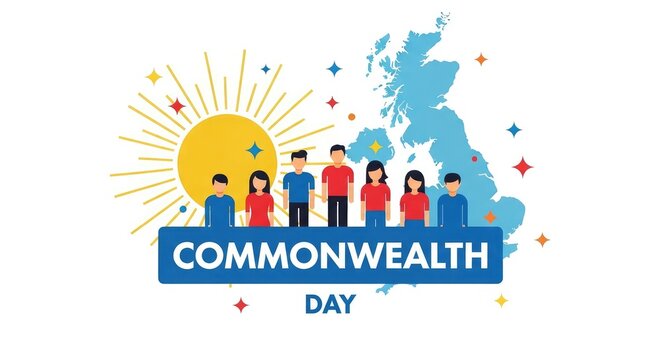 Happy commonwealth day concept illustration showing multiethnic people standing proudly near green map and yellow sun icon