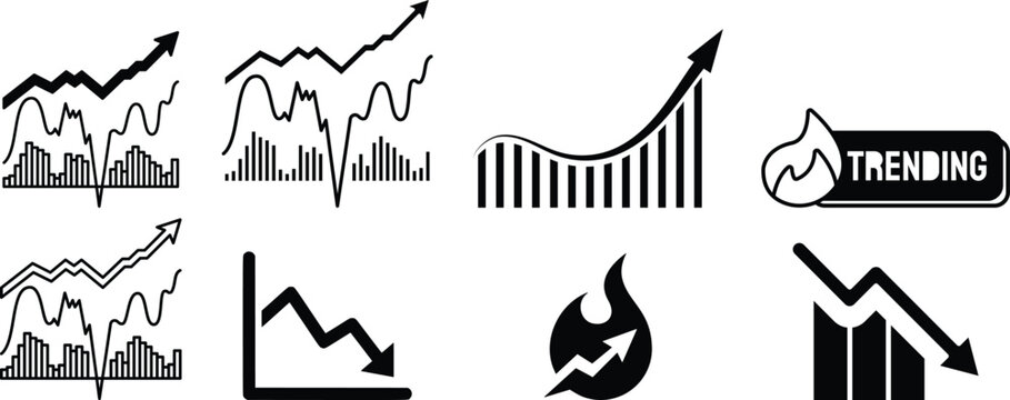 Black financial growth and decline icon set vector for business analytics, profit loss chart, market trends, economic performance, investment strategy and corporate finance illustration