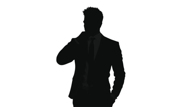 Businessman wearing a formal suit stands against a plain white background with his hand resting near his chin as he contemplates a new corporate strategy while maintaining a very professional.