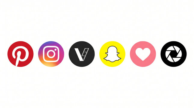 Original collection of popular social media app icons including Pinterest Instagram VSCO Snapchat heart and shutter camera logo. Modern vector set for mobile UI web design and digital marketing.