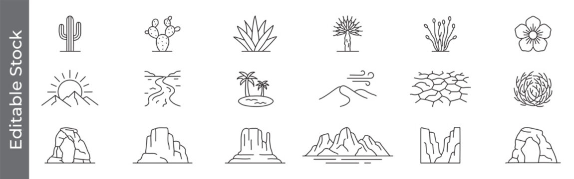 Desert and canyon nature icon set &ndash; editable outline symbols of cactus, rock formation, oasis, sand dune, dry land, sunset and arid landscape elements