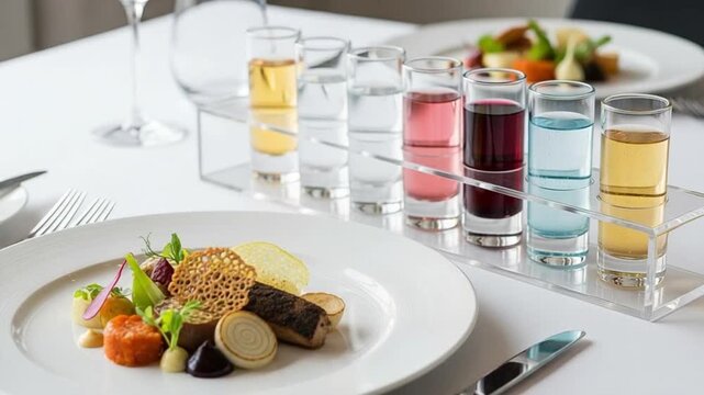 Fine Dining Tasting Menu Plate with Gourmet Food and a Flight of Colorful Alcoholic Drinks in a Clear Acrylic Holder for Luxury Restaurant Experience