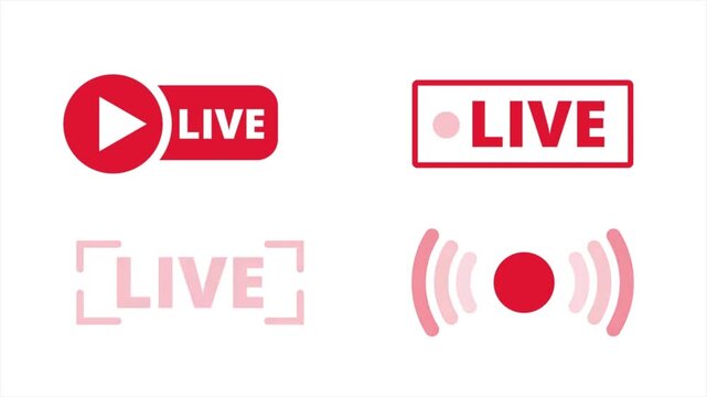 Set of red live streaming icons, broadcast buttons, record symbols, digital media signs for video player, online streaming, vector elements on white background.