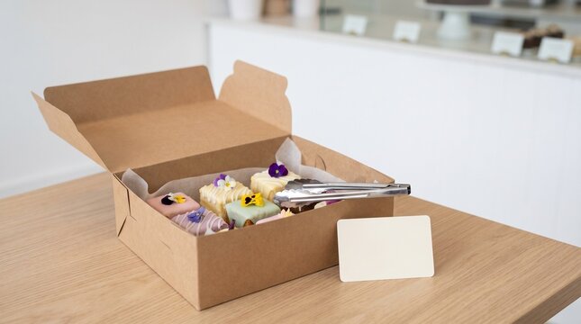 Completed iced cake pieces boxed for a boutique dessert order, Iced cake pieces box, Boutique dessert order, Premium bakery packaging, Giftable mini cakes, Plain box mockup, Produc