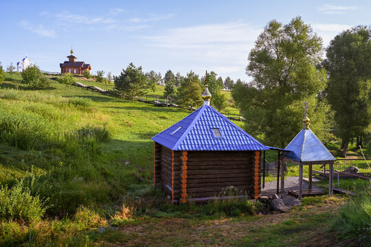 Wooden chapel at the holy spring of Kamenets, Oryol region of Russia