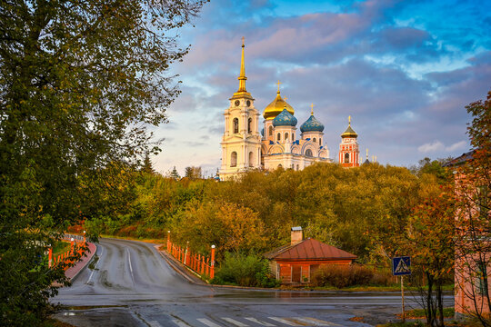 Sunset view of the Transfiguration Cathedral in Bolkhov town, Oryol region of Russia