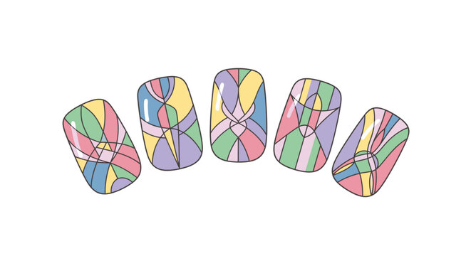 Colorful Abstract Geometric Patterned Fingernails Design.
