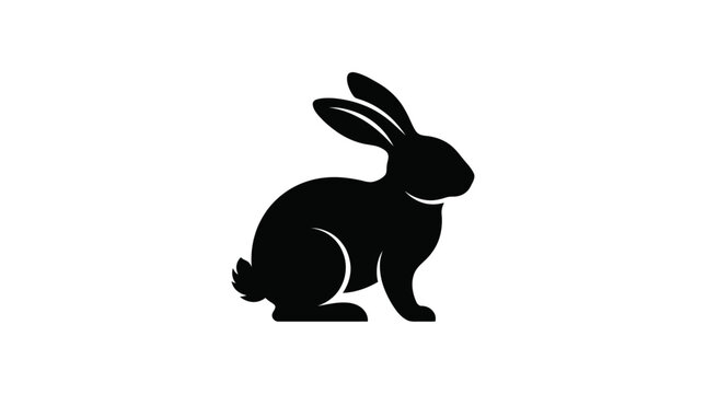 A black silhouette of a rabbit is depicted against a white background, with its ears perked up and tail visible