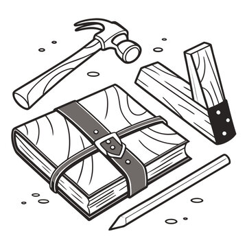Bookbinding tools and materials hammer pencil jig with black and white, handmade