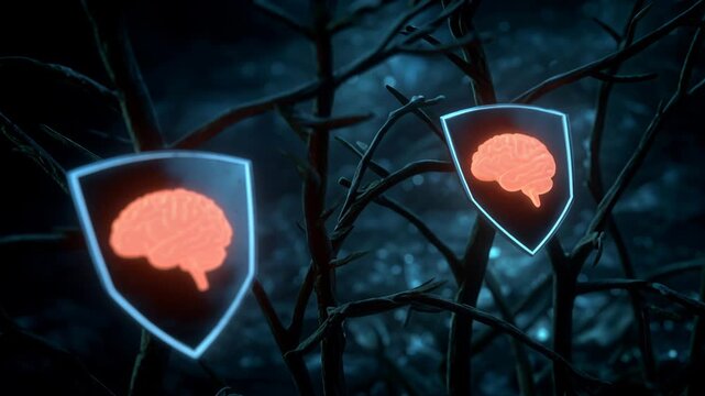 Two shields protect brain from disease at night in a digital scene