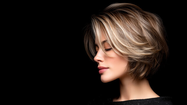 Side profile portrait of a beautiful young woman with a modern layered short haircut and blonde highlights, fashion and beauty concept