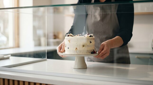 baker placing a decorated cake into a display case, Cake shop baker, Display case setup, Decorated layer cake, Morning bakery preparation, Professional pastry lifestyle, 