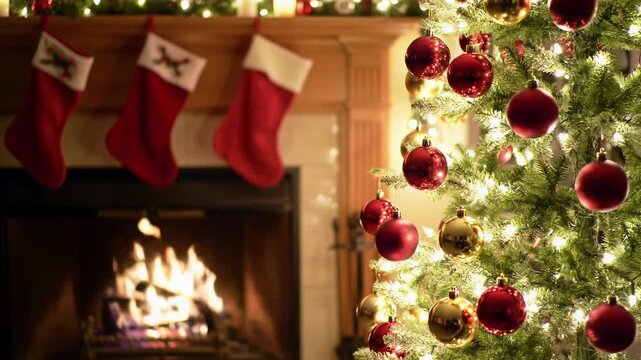 Cozy christmas: tree with warm led lights slowly dims, revealing red & gold ornaments, roaring fireplace, crimson stockings, golden hour light. Festive tranquility.