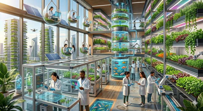Future-oriented and sustainable vertical farming community hubs, indoor aquaponics towers, eco-friendly smart city architecture, automated farming with diverse people working together