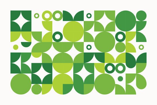 Geometric pattern of intersecting green circles and squares on white background, abstract