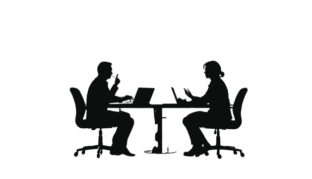 Professionals sitting at a desk and using laptops discuss important business details during a private meeting to highlight corporate communication and collaborative effort in a modern office.