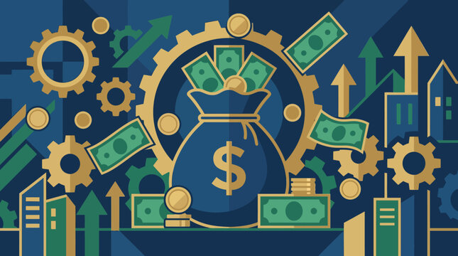 Financial growth and investment concept with money and gears.