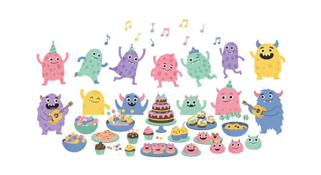 Cute Monsters Celebrating with Delicious Desserts and Music.