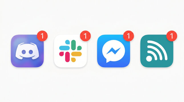 Set of Popular Social Media and Communication App Icons including Discord, Slack, Facebook Messenger, and RSS Feed with Red Notification Badges and Number One Isolated on White Background Mockup Vecto