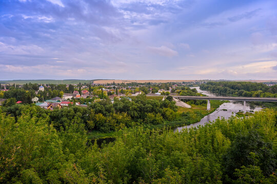 View of the Sosna River in Livny town at sunset, Oryol region of Russia