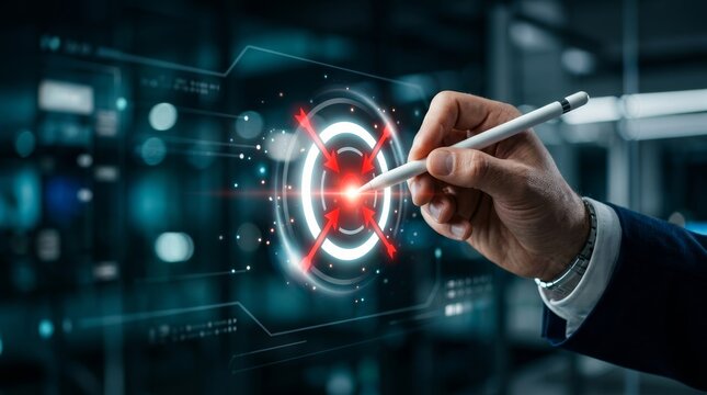 Businessman highlighting a central target icon with arrows pointing inward for strategic direction.