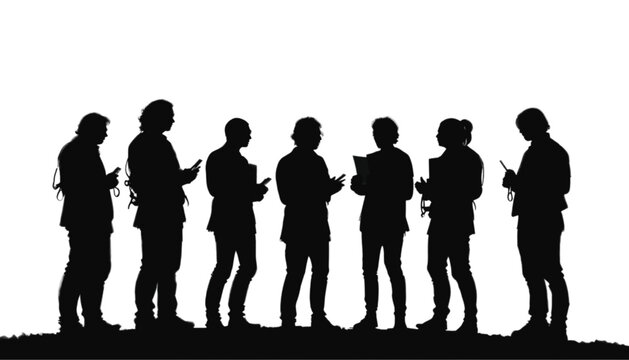 Professionals standing in a row form a collective silhouette against a bright white background, showcasing their engagement with mobile devices while maintaining a professional posture for corporate.