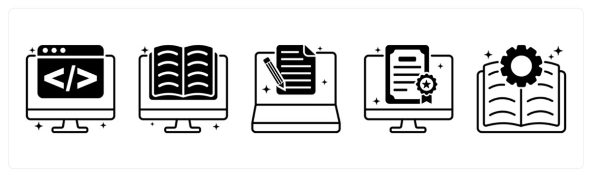 A set of 5 icons as programming, e learning, exam online in orange color