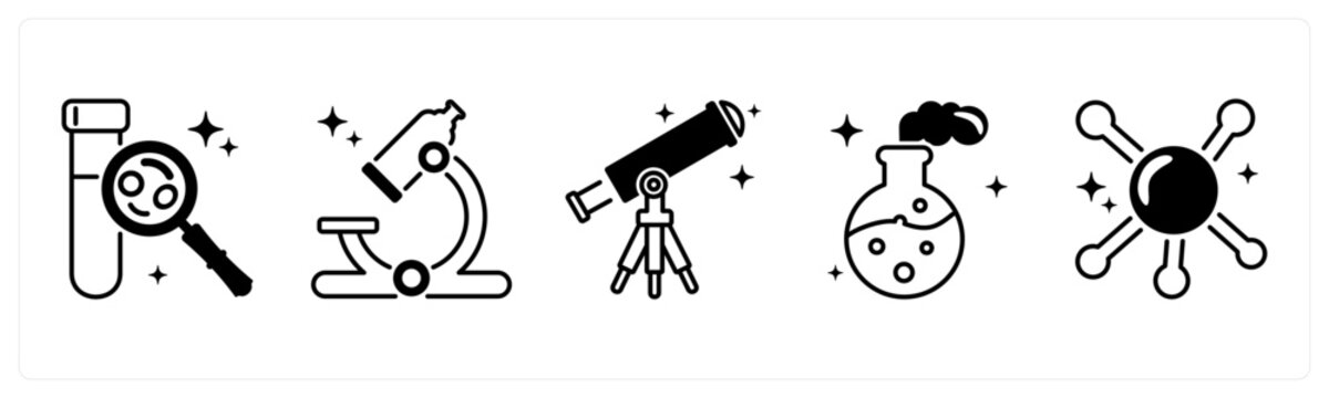 A set of 5 icons as test tube, microscope, telescope in orange color